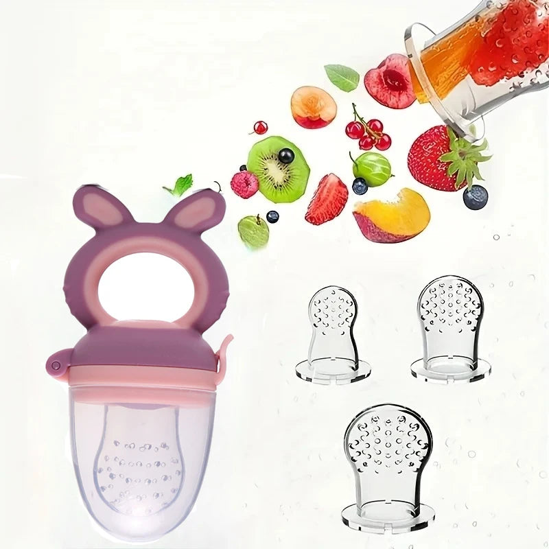 3pcs Silicone Mesh Bags Baby Fruit Feeder with Easy-Handle Ring Feeding Spoon