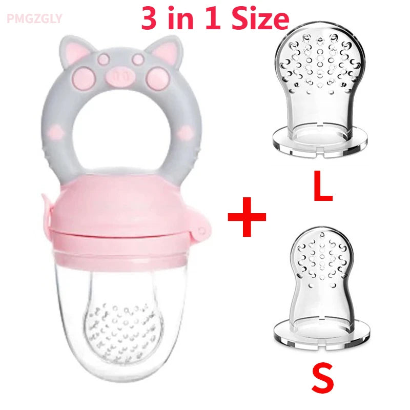 3pcs Silicone Mesh Bags Baby Fruit Feeder with Easy-Handle Ring Feeding Spoon