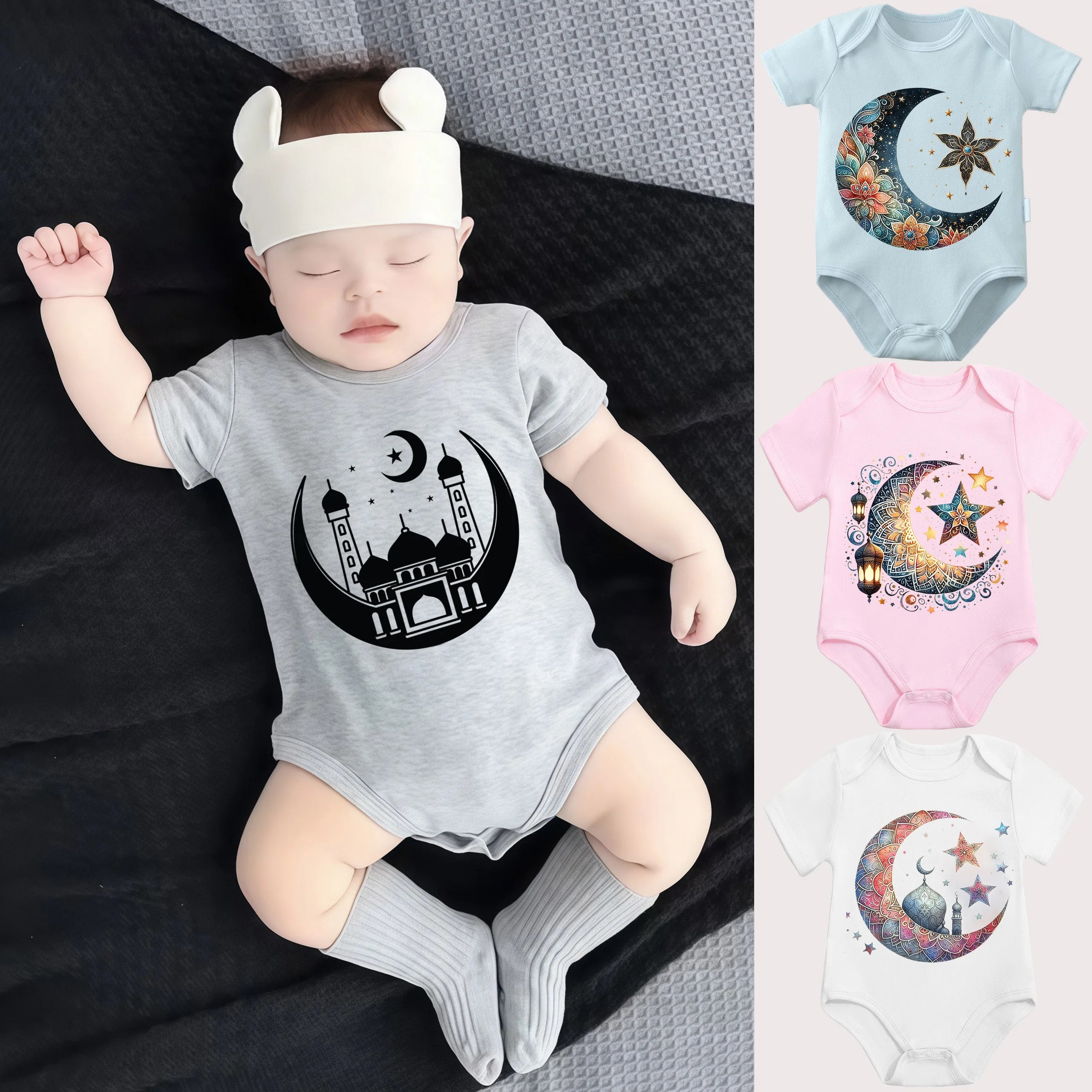 Ramadan Moon Divine Holy Moon Print 100% Cotton Bodysuit Onesie Comfortable Cloths for Baby Jumpsuit for 0 To 12 Months Newborn