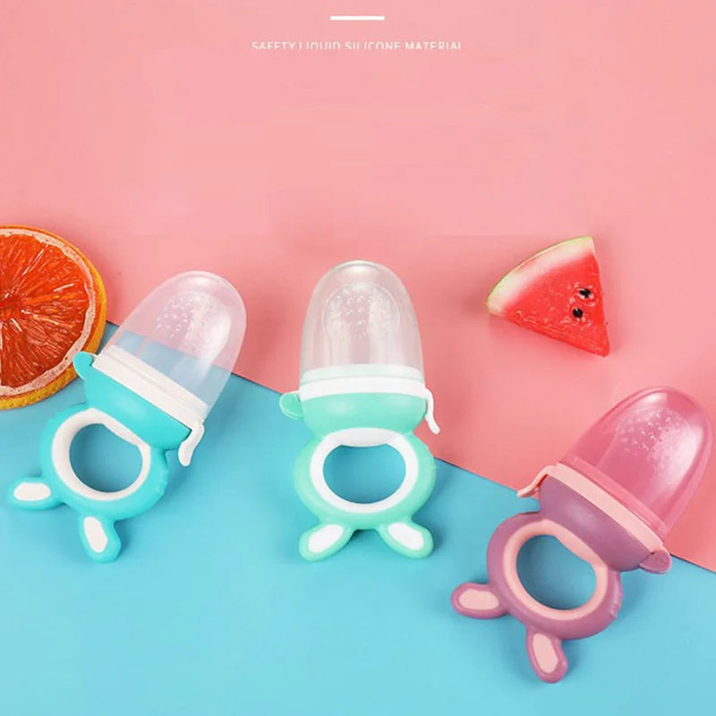 3pcs Silicone Mesh Bags Baby Fruit Feeder with Easy-Handle Ring Feeding Spoon