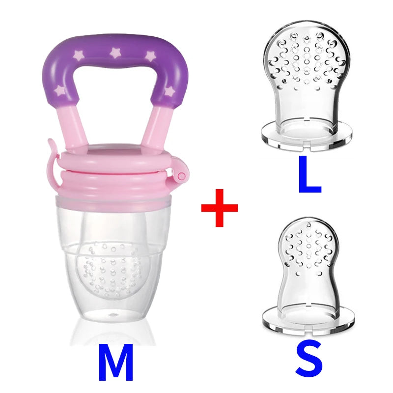 3pcs Silicone Mesh Bags Baby Fruit Feeder with Easy-Handle Ring Feeding Spoon